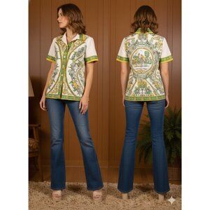 VTG 70s Trissi Royal Coach Vibrant Color Short Sleeve Blouse Womens Size Medium